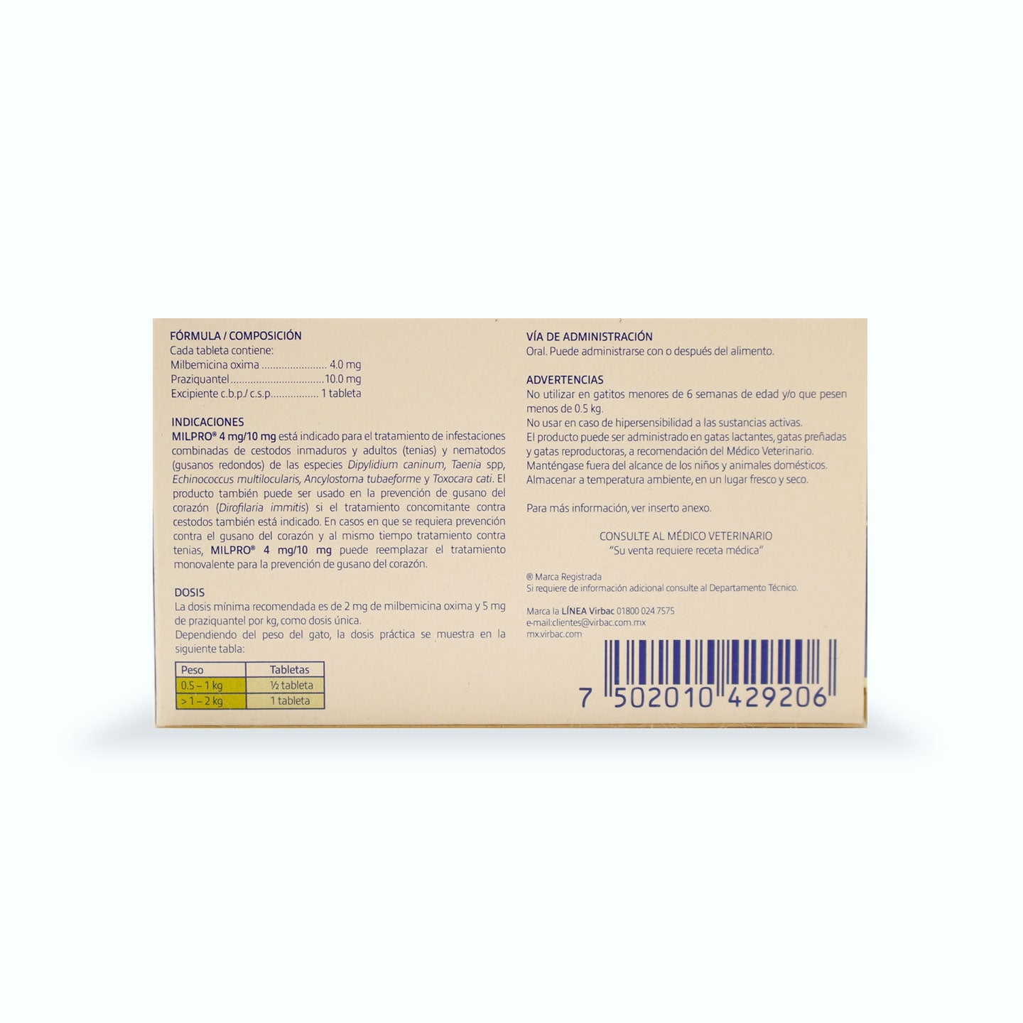 DESPARASITANTE INTERNO MILPRO PARA GATO CAJA 4 TABLETAS